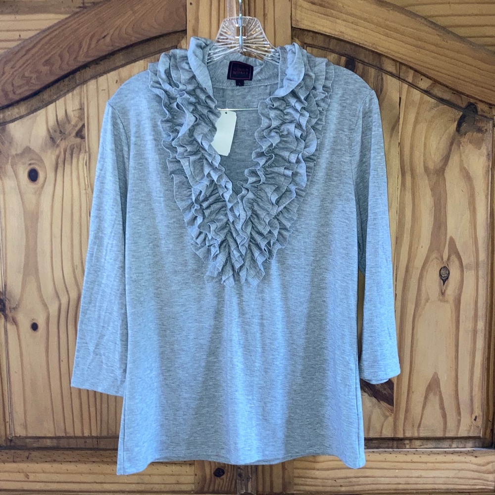 Women Colour Works gray ruffle neck long sleeve shirt size L - NWT